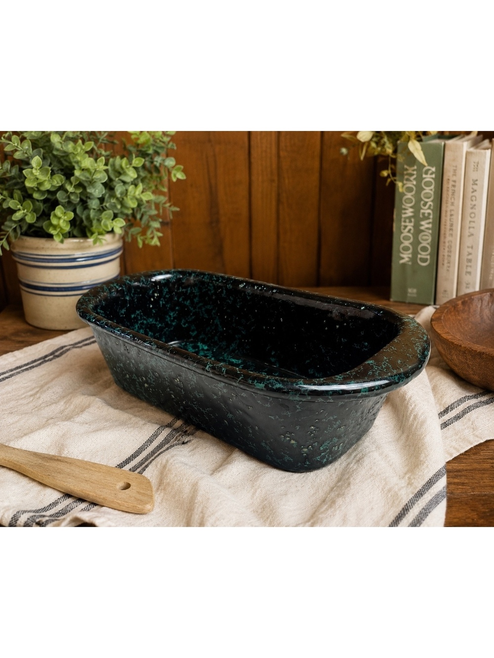 Vintage Bennington Potters #1874 Loaf Pan Black On Green Agate Stoneware Baker